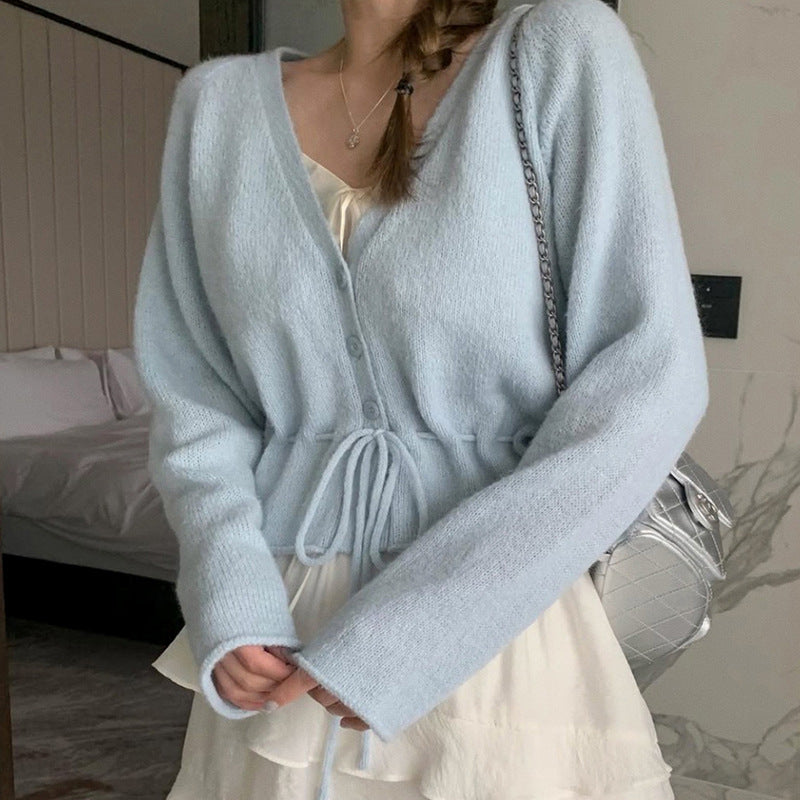 Damen Strickjacke mit taillierbarem Bindegürtel und luftigen Ärmeln Drune