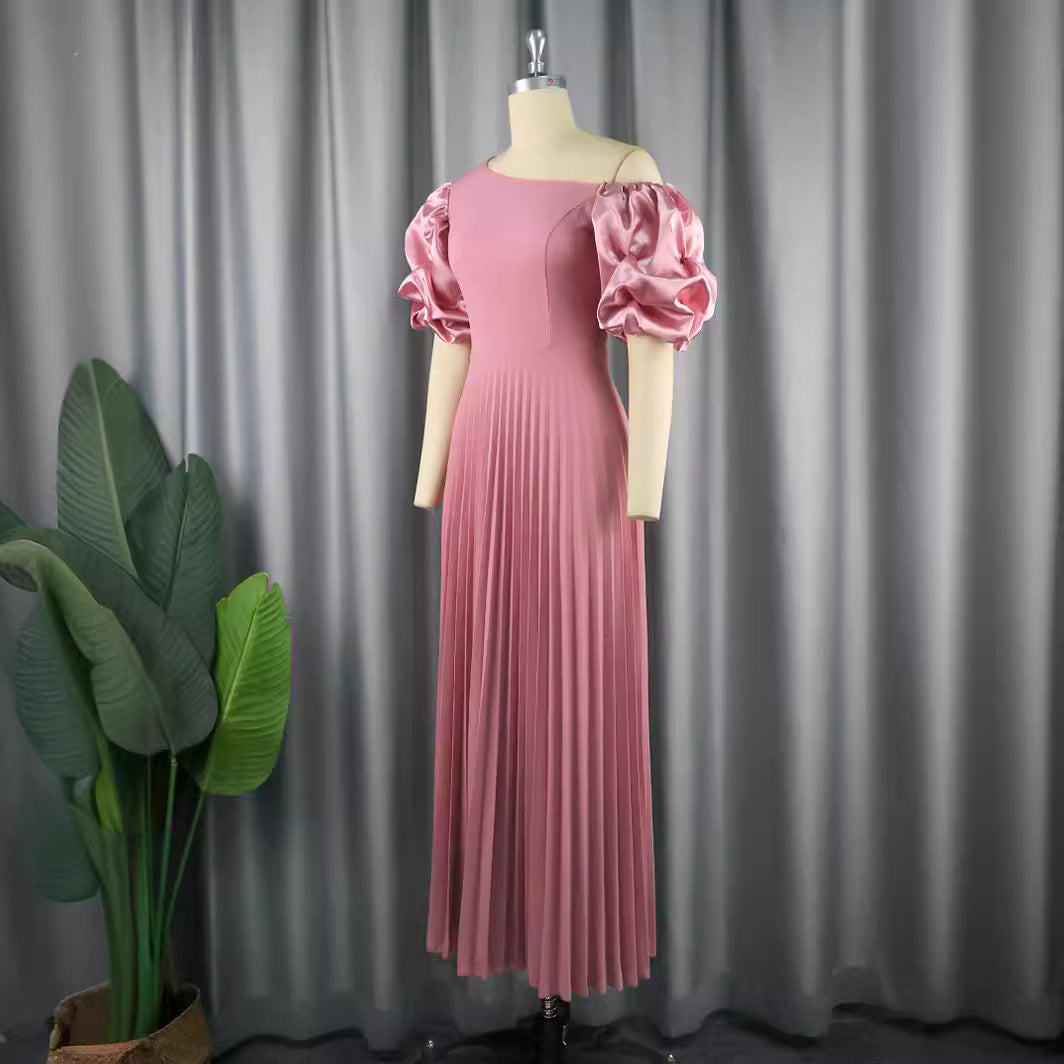 Damen Plissiertes Maxikleid mit asymmetrischem Oberteil und voluminösen Puffärmeln Drune