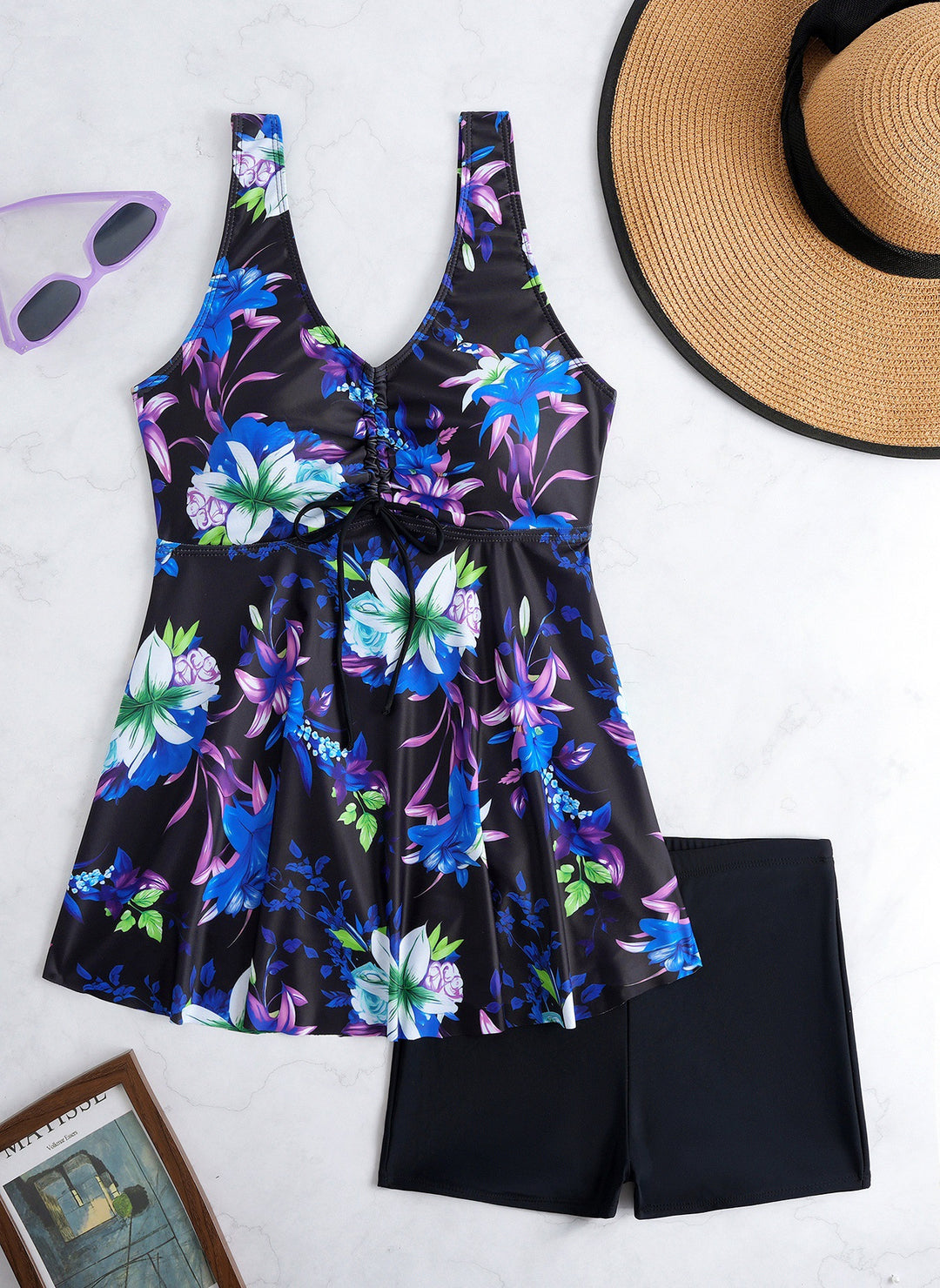 Damen Tankini-Set mit modischem Volant und grafischem Pfauenmuster Drune