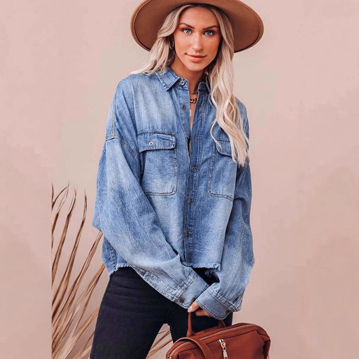 Damen lässige Oversized Jeanshemd mit aufgesetzten Taschen Drune