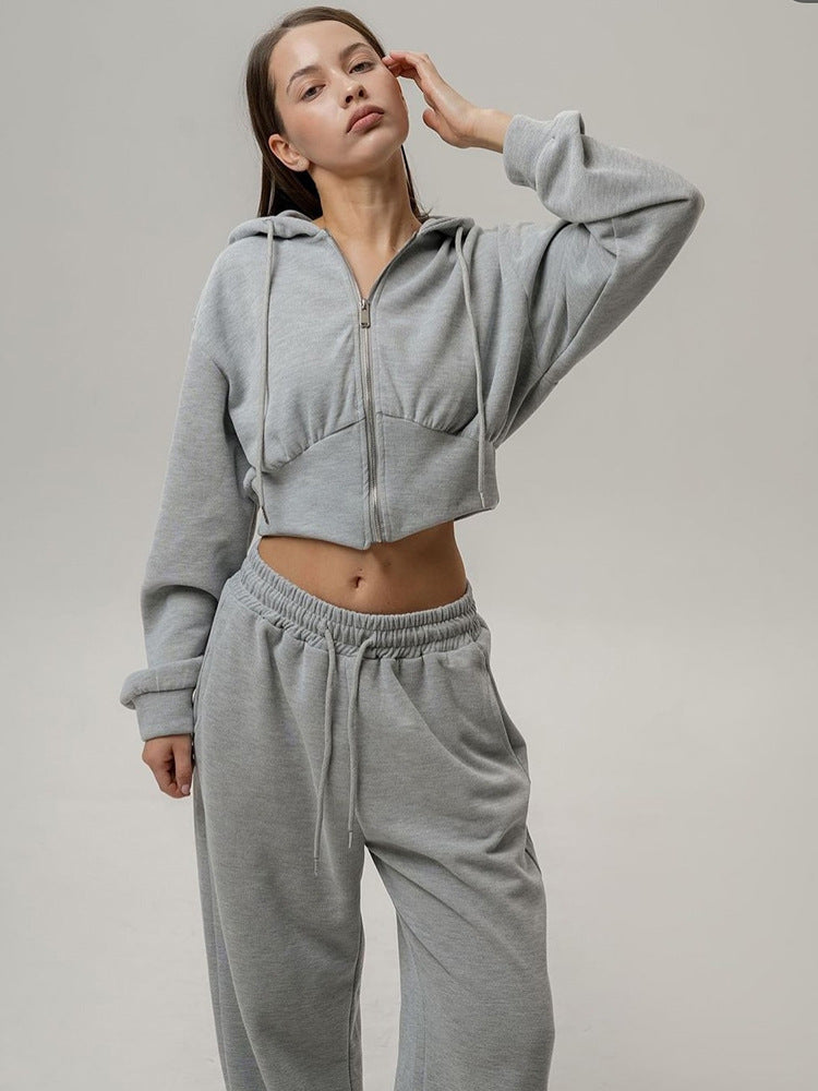 Damen nan zweiteiliges Cropped Hoodie-Set mit weitem Bundhose-Schnitt und tailliertem Reißverschluss Drune
