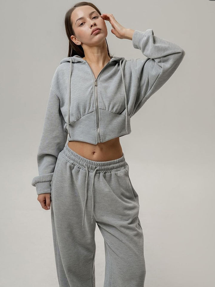 Damen nan zweiteiliges Cropped Hoodie-Set mit weitem Bundhose-Schnitt und tailliertem Reißverschluss Drune