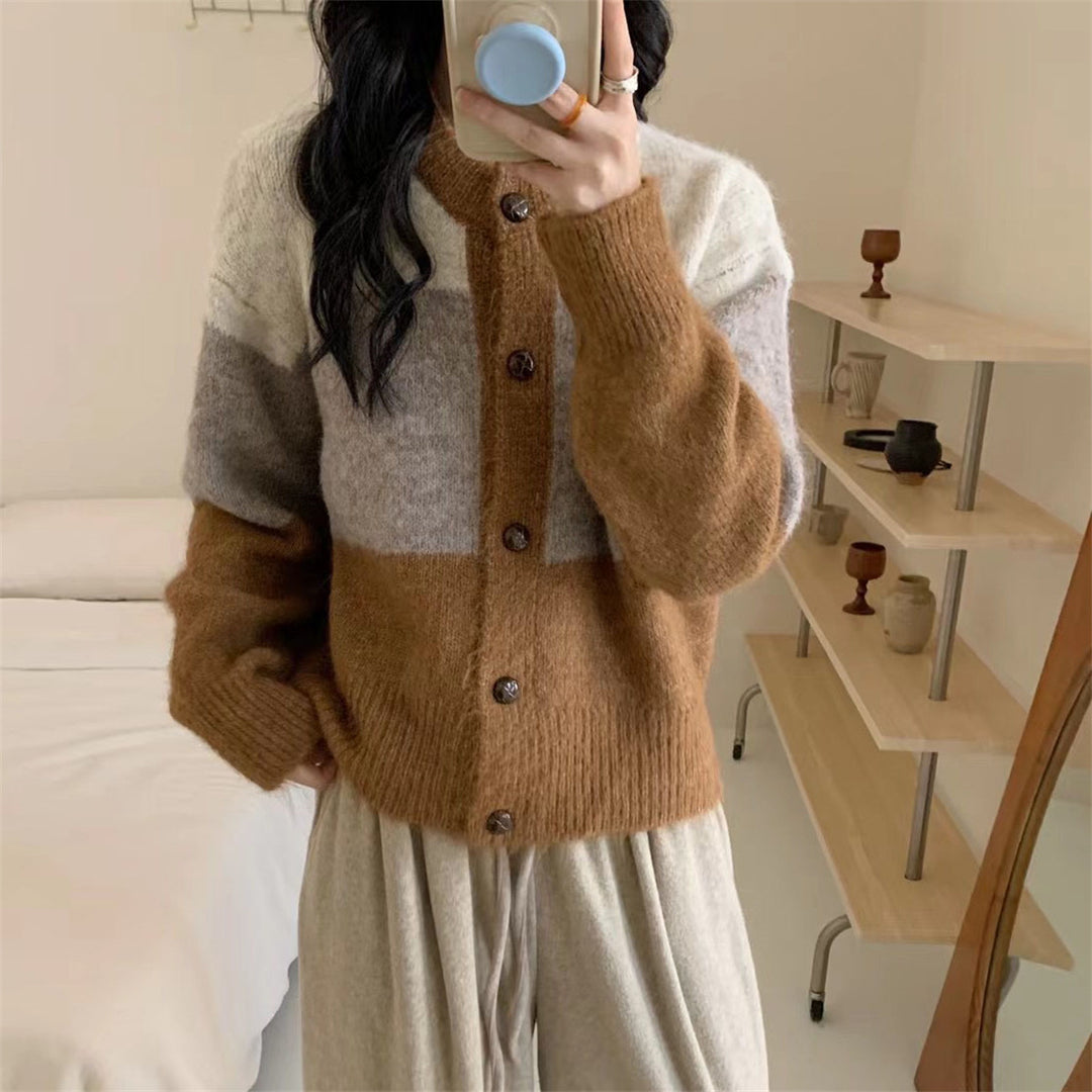 Damen Gemütlicher Strickcardigan mit Knopfverschluss und kontrastierenden Farbstreifen Drune