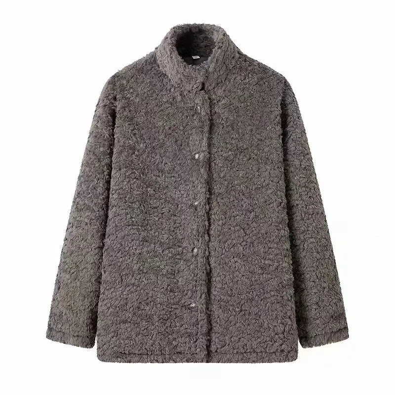 Damen kuschelige Fleecejacke mit hohen Kragen und Druckknopfverschluss Drune
