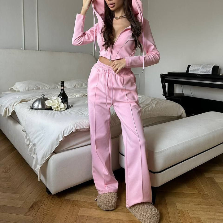 Damen sportliches Zweiteiler-Set mit hochgeschlossener Kapuzenjacke und weitem Hosen Drune