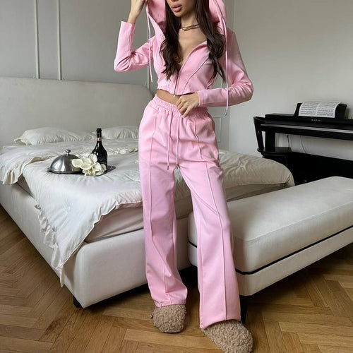 Damen sportliches Zweiteiler-Set mit hochgeschlossener Kapuzenjacke und weitem Hosen Drune