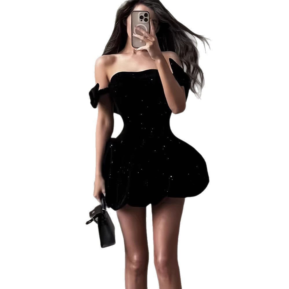 Damen Glitzerndes Cocktailkleid mit schulterfreiem Design und voluminösem Rock Drune