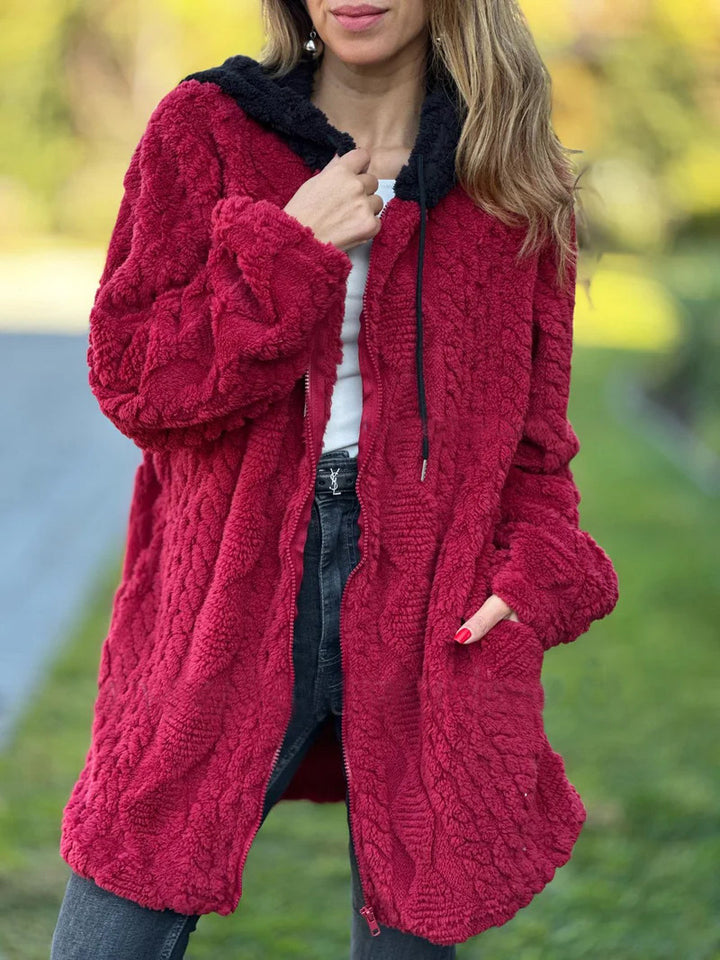 Damen nan oversized Teddy-Manteljacke mit Kontrastkapuze, Reißverschluss und Eingrifftaschen Drune