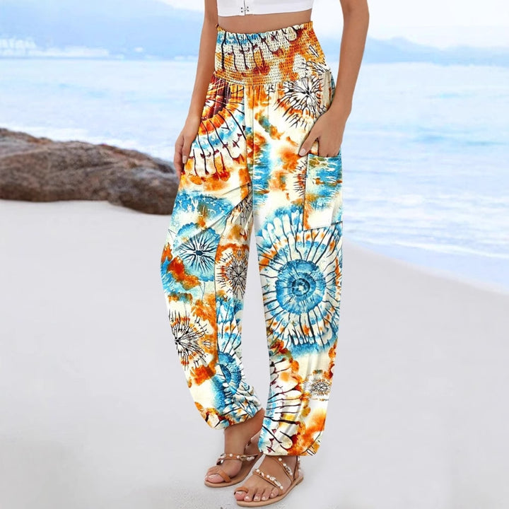 Damen weite Palazzo-Hose mit buntem Paisleymuster und elastischem Bund Drune