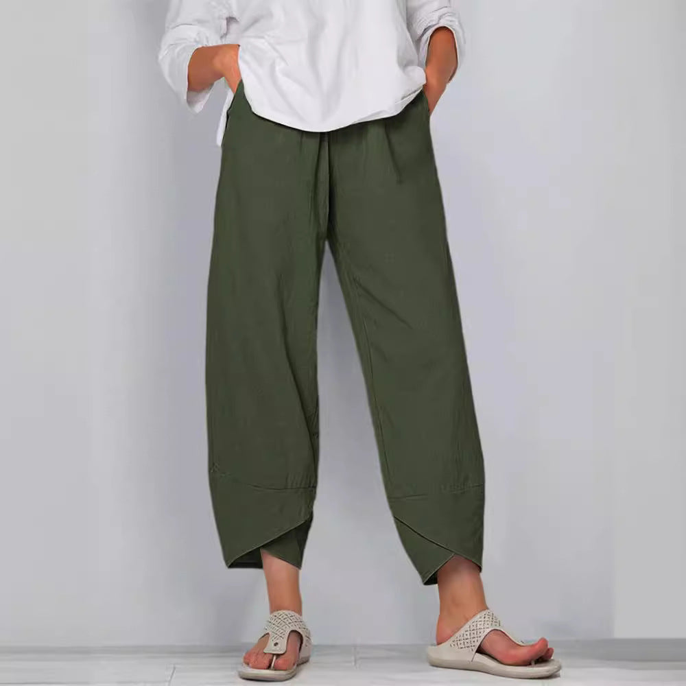 Damen nan weit geschnittene Leinenhose mit Tulpen-Saum und elastischem Bund Drune