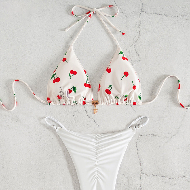 Damen Triangel-Bikini mit fröhlichem Kirschmuster und verstellbarem Schnitt Drune
