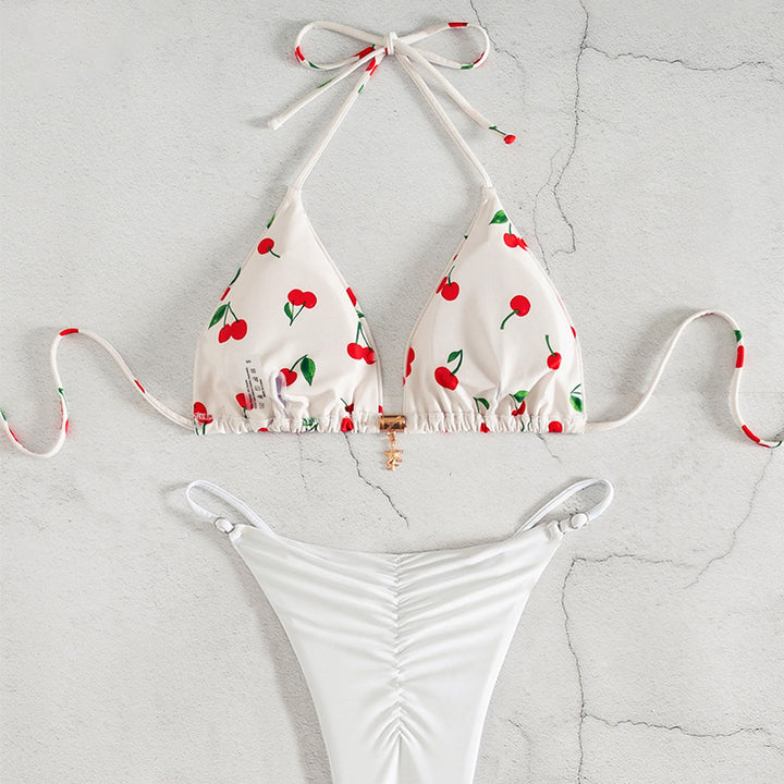 Damen Triangel-Bikini mit fröhlichem Kirschmuster und verstellbarem Schnitt Drune
