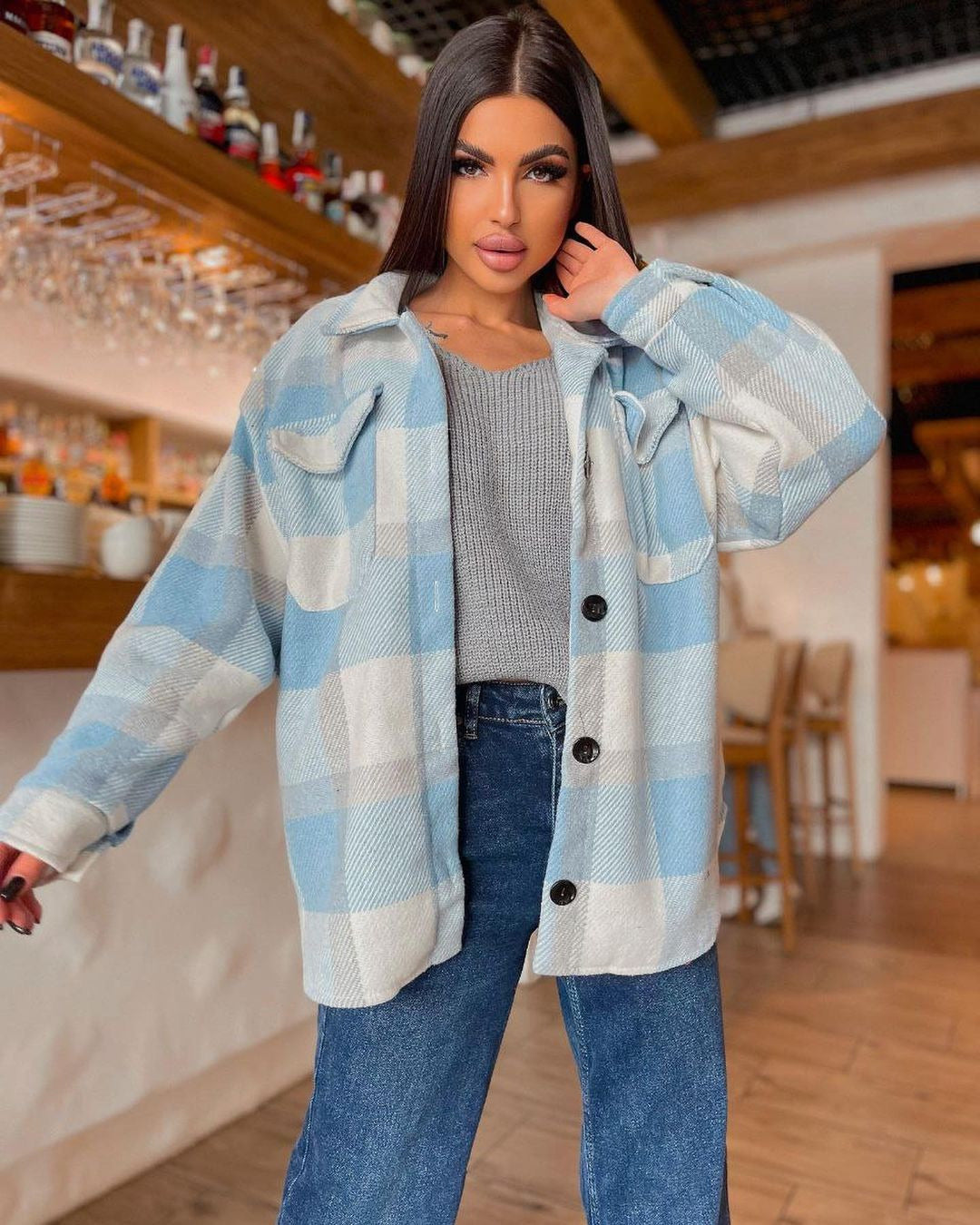 Damen Karierte overshirt mit weichem Fleece und Druckknopfverschluss Drune