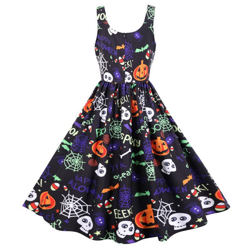 Damen Swingkleid mit Halloween-Motiven und eleganter A-Linien-Silhouette Drune