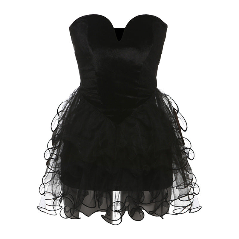 Damen Festliches Cocktailkleid mit Herz-Ausschnitt und voluminösem Rüschensaum Drune