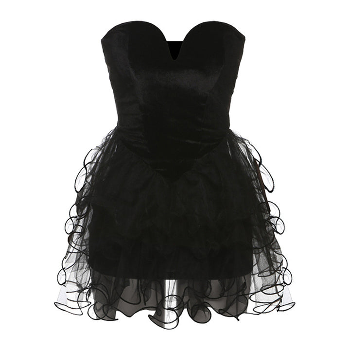 Damen Festliches Cocktailkleid mit Herz-Ausschnitt und voluminösem Rüschensaum Drune