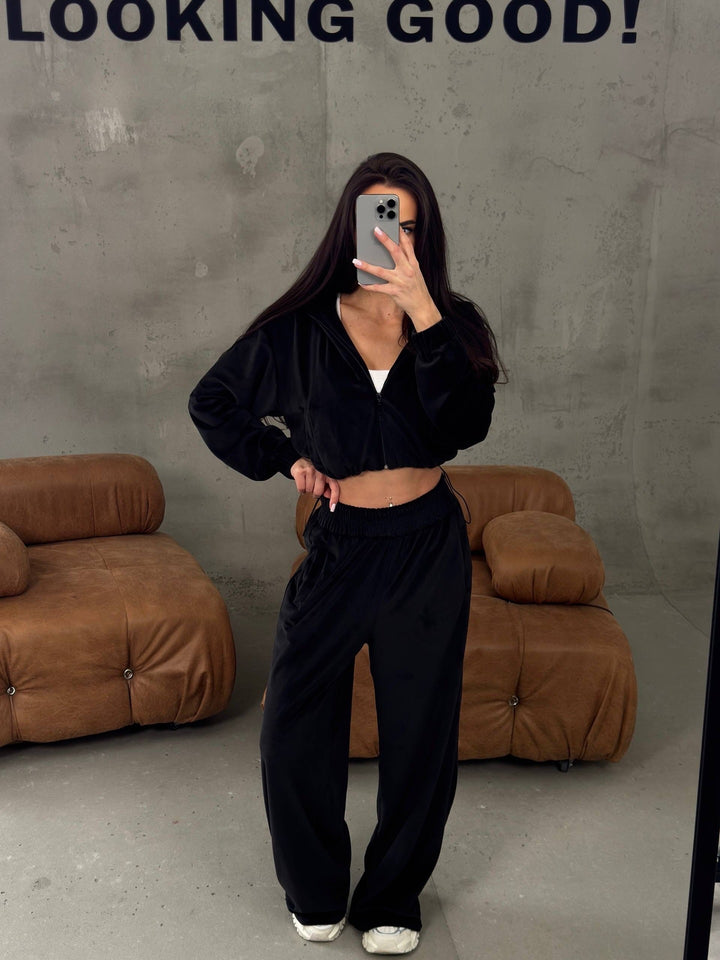 Damen lässiger Velours-Loungewear-Anzug mit cropped Oberteil und weitem Schnitt Drune