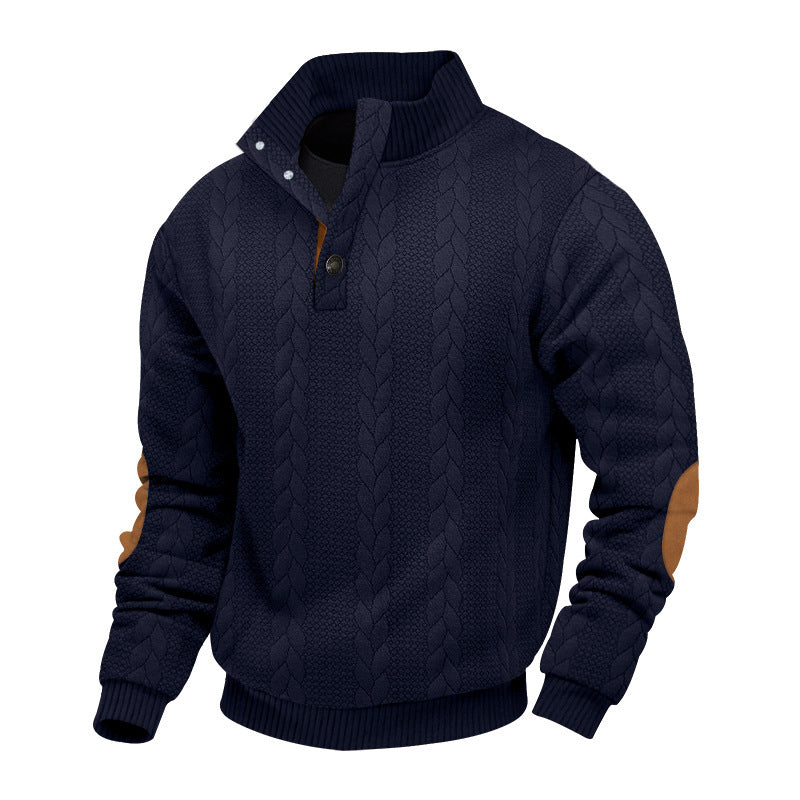 Herren nan Zopfmuster-Halbknopf-Pullover mit hohem Stehkragen und Wildleder-Ellbogenpatches Drune