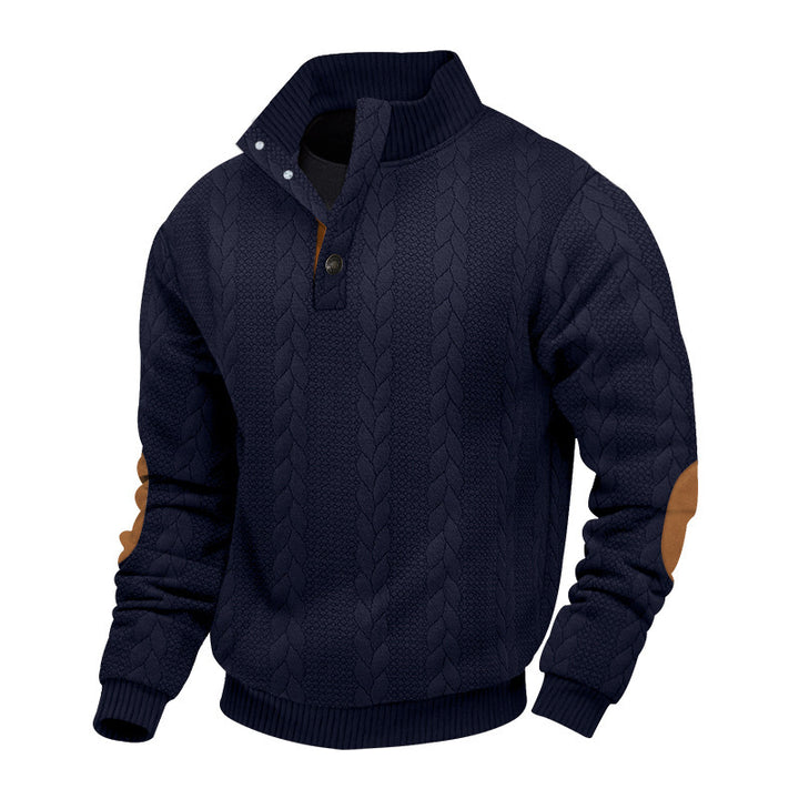 Herren nan Zopfmuster-Halbknopf-Pullover mit hohem Stehkragen und Wildleder-Ellbogenpatches Drune
