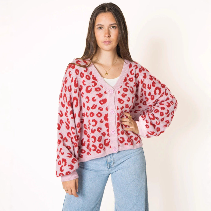 Damen lässiger Strickcardigan mit elegantem Leopardenmuster Drune