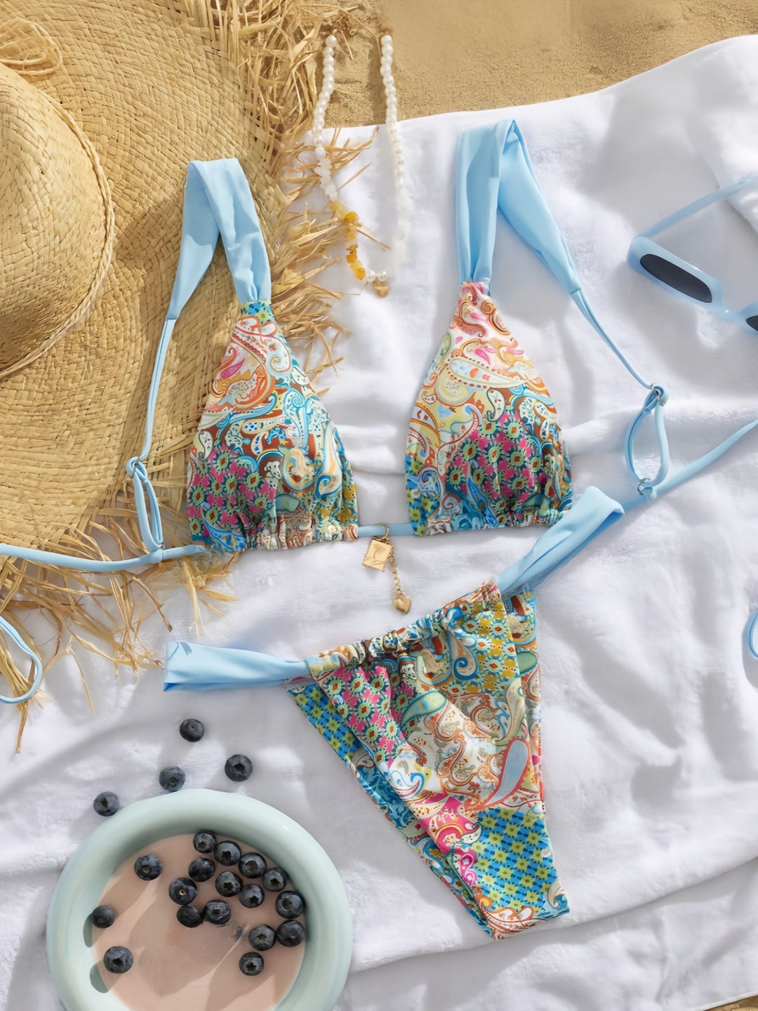 Damen Triangel-Bikini mit buntem Paisleymuster und verstellbaren Trägern Drune