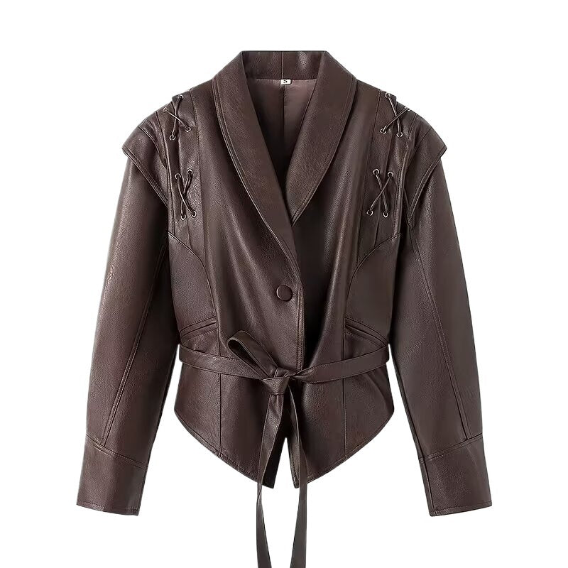Damen elegante Kunstlederjacke mit taillierbarem Gürtel und dekorativen Schnürdetails Drune