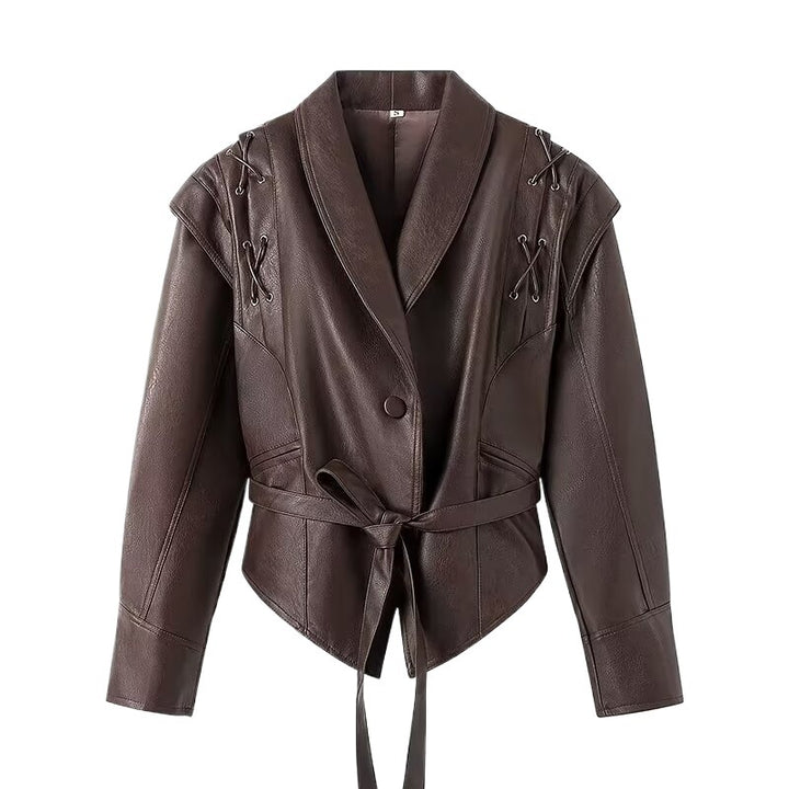Damen elegante Kunstlederjacke mit taillierbarem Gürtel und dekorativen Schnürdetails Drune