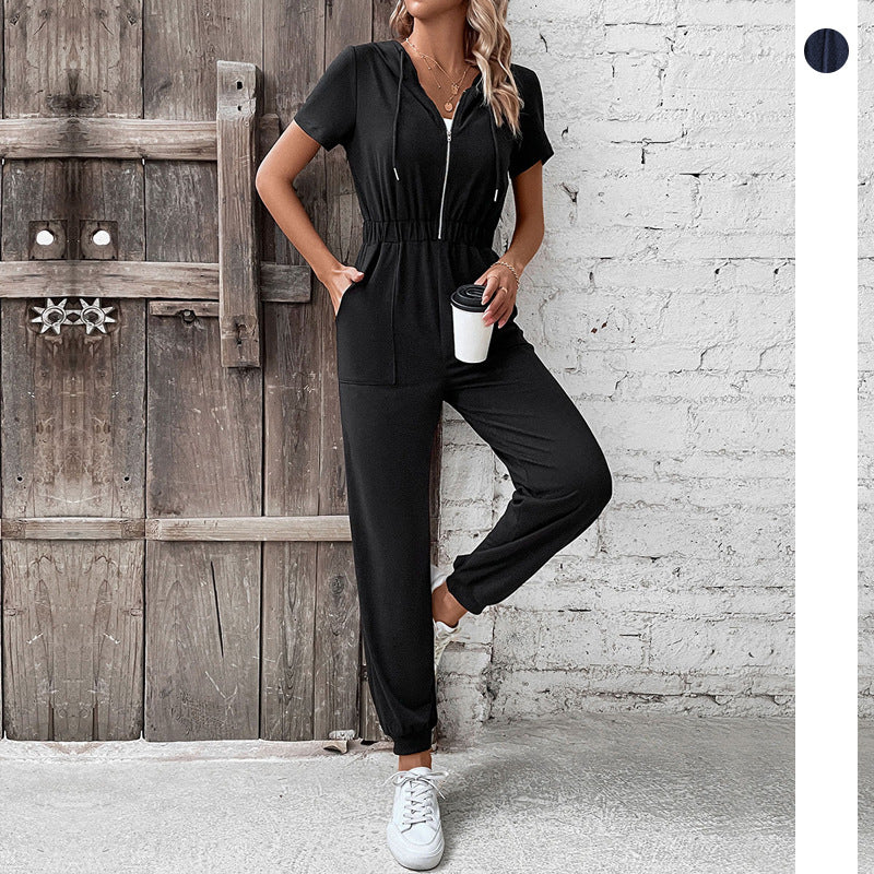 Damen modischer Kapuzen-Jumpsuit mit praktischen Eingrifftaschen und elastischem Bund Drune