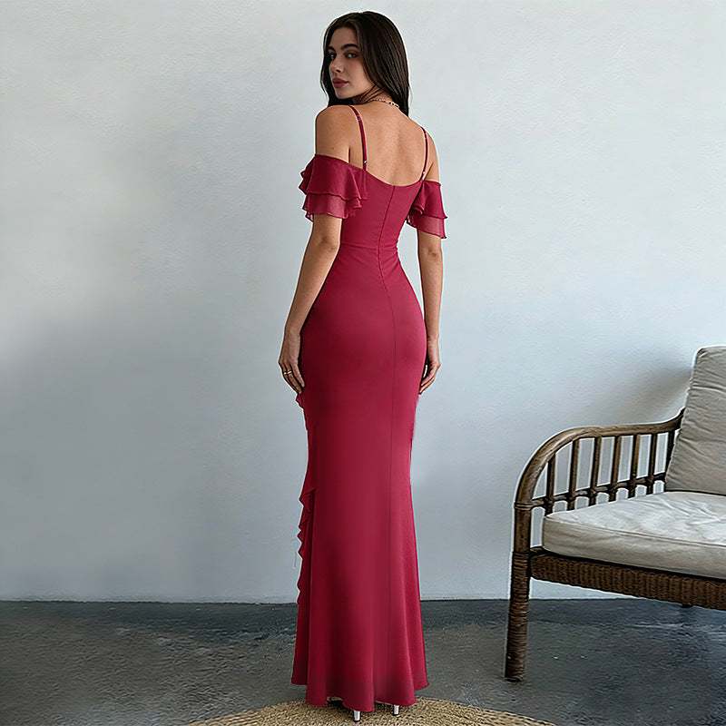 Damen elegantes Maxikleid mit asymmetrischem Rüschendesign Drune