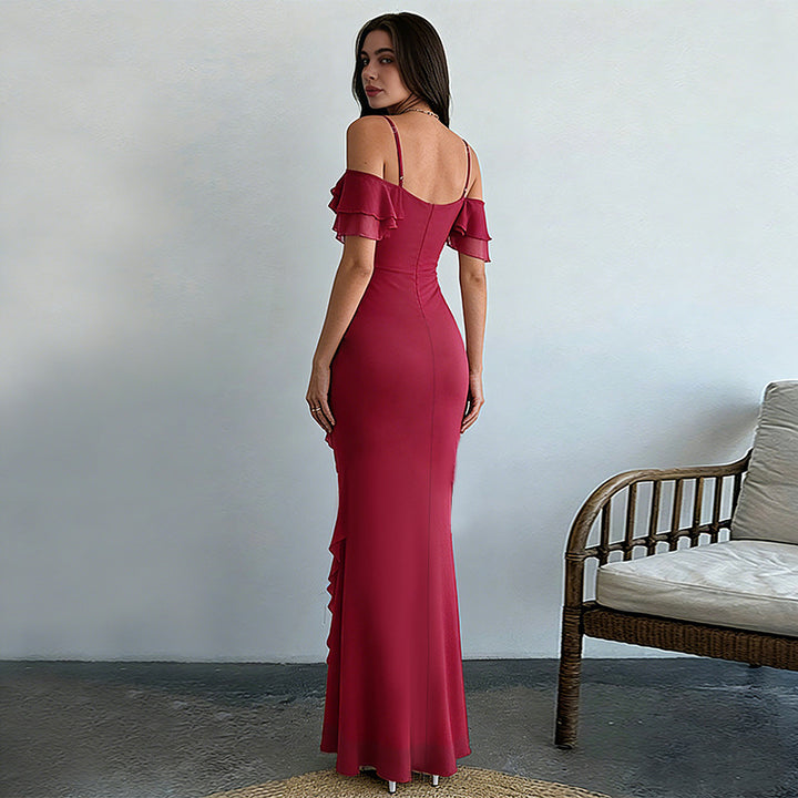 Damen elegantes Maxikleid mit asymmetrischem Rüschendesign Drune