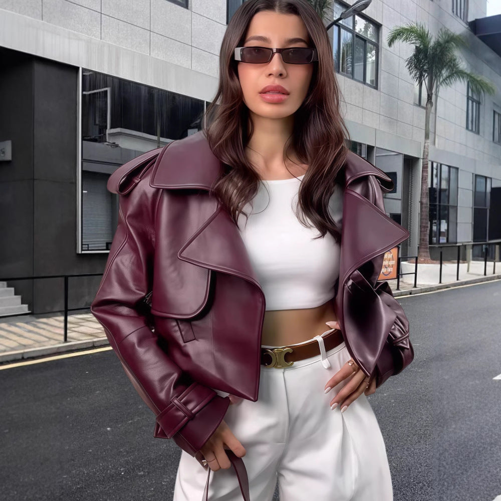 Damen oversized Kunstlederjacke im modernen Biker-Stil mit dekorativen Details Drune
