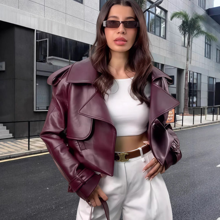 Damen oversized Kunstlederjacke im modernen Biker-Stil mit dekorativen Details Drune