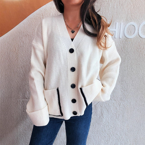 Damen weicher Strickcardigan mit tiefem V-Ausschnitt und großen Taschen Drune