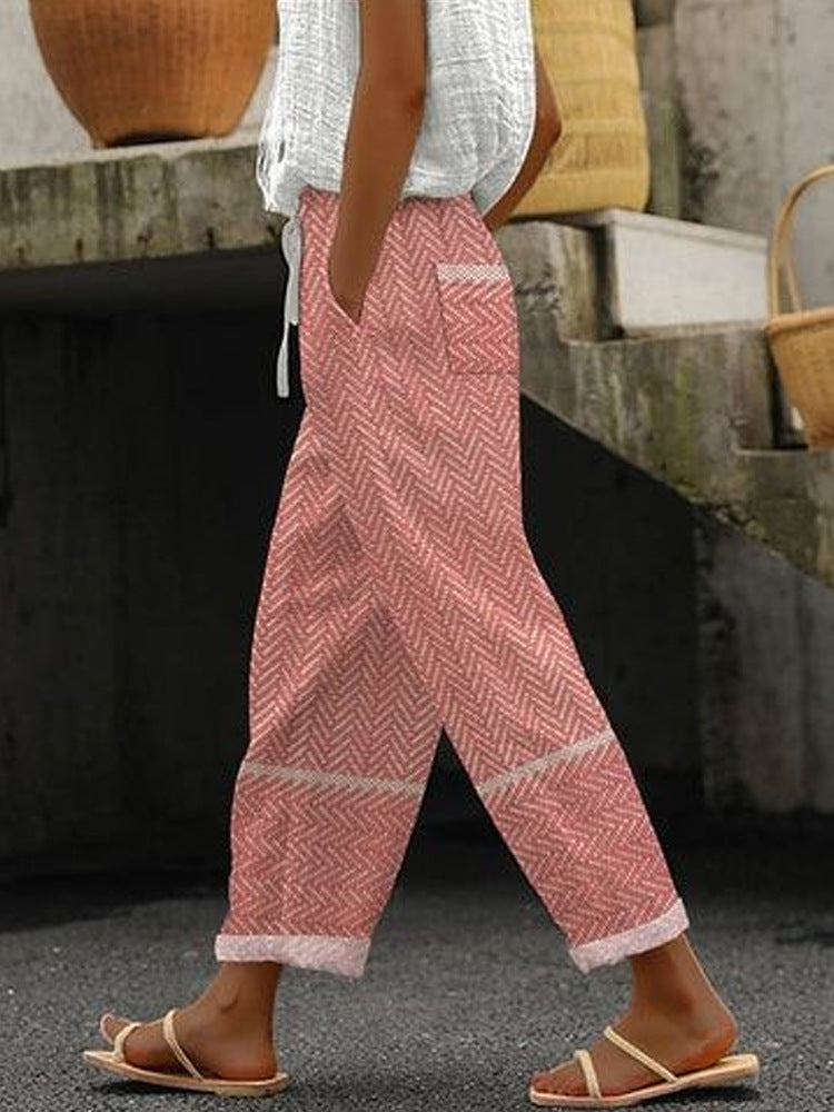 Damen Weite Leinenhose mit Streifenmuster Drune
