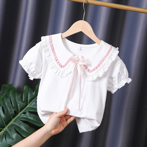 Mädchen T-Shirt mit rüschenverziertem Kragen und Schleifenakzenten Drune