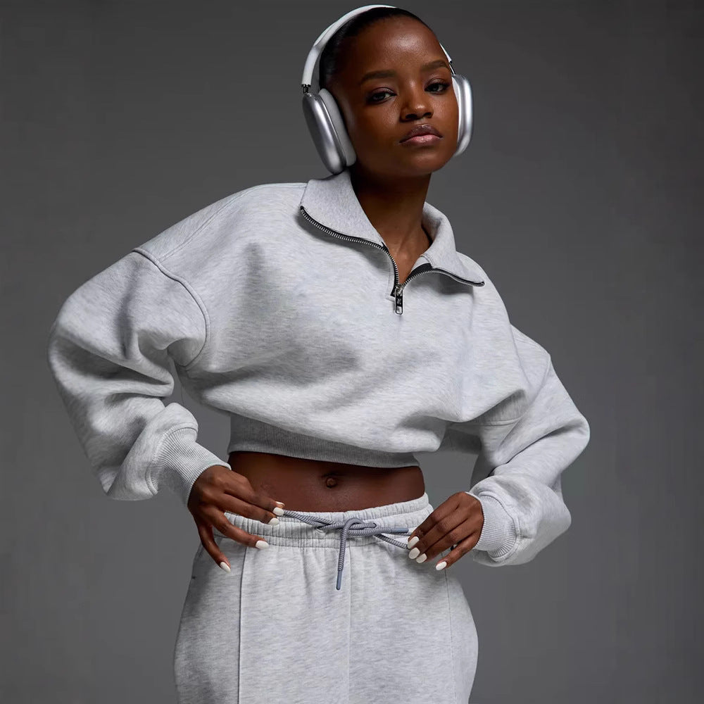 Damen Premium Sweat-Set mit kurzem Reißverschluss und weiter Hose Drune