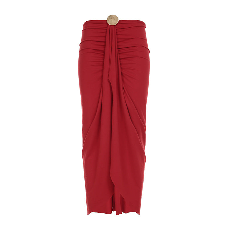 Damen eleganter Wickelrock mit Raffungen und dekorativem Knopf Drune