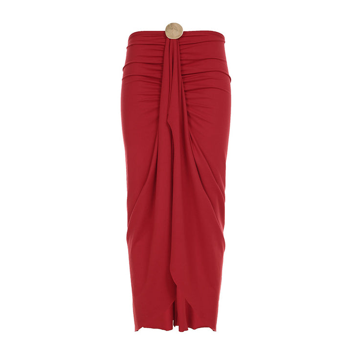Damen eleganter Wickelrock mit Raffungen und dekorativem Knopf Drune