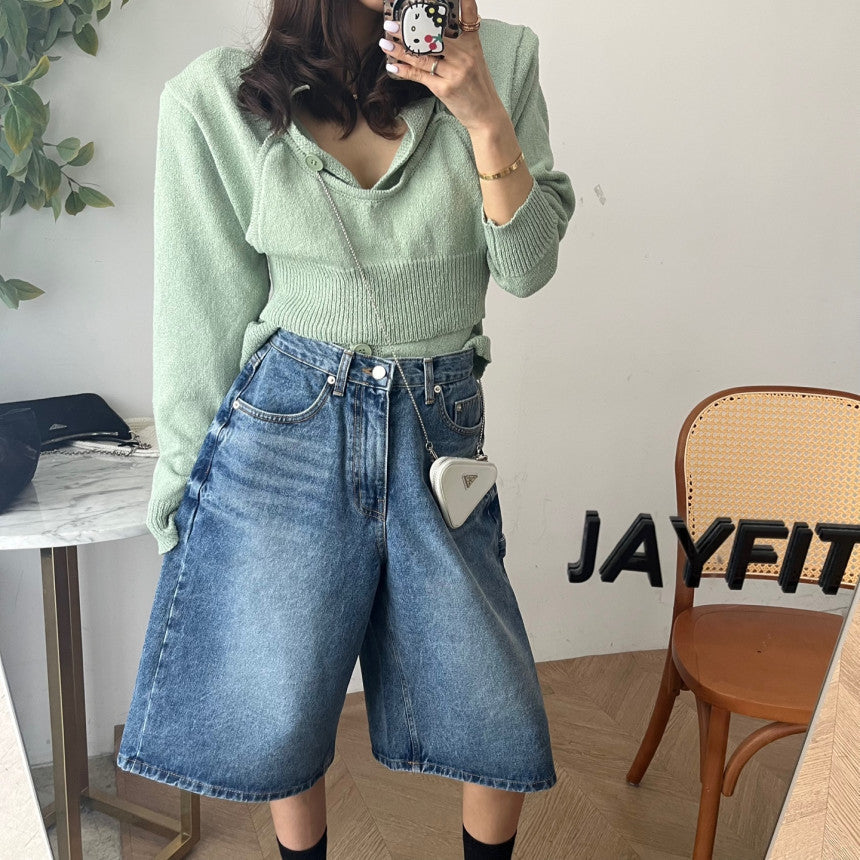Damen Jeans Bermuda-Shorts im lässigen Stil mit hohen Taschen Drune