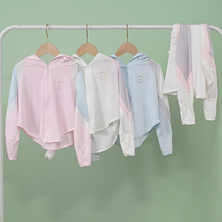 Unisex nan ultraleichte Kinder-Sonnenschutzjacke mit Kapuze, Reißverschluss, Meshfutter und Bärenstickerei  Drune