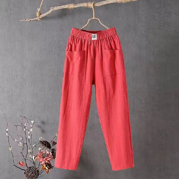 Damen nan lässige Leinenmix-Hose mit elastischem Bund, geradem Bein und großen aufgesetzten Taschen Drune