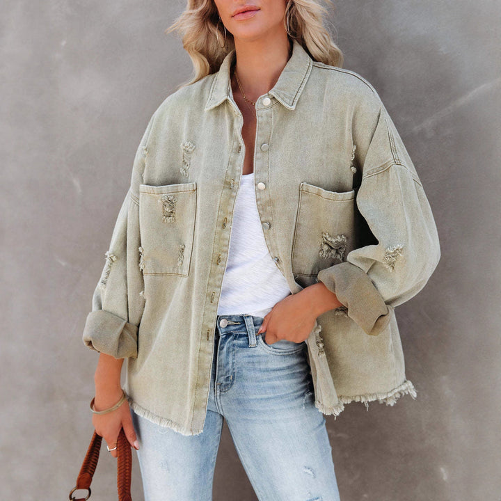 Damen Oversized Denim-Jacke mit fransigen Säumen und knopfbarem Design Drune