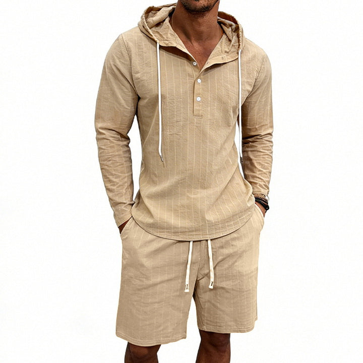 Herren nan gestreiftes Leinenoptik-Kapuzen-Henley-Set mit Tunnelzug-Shorts Drune