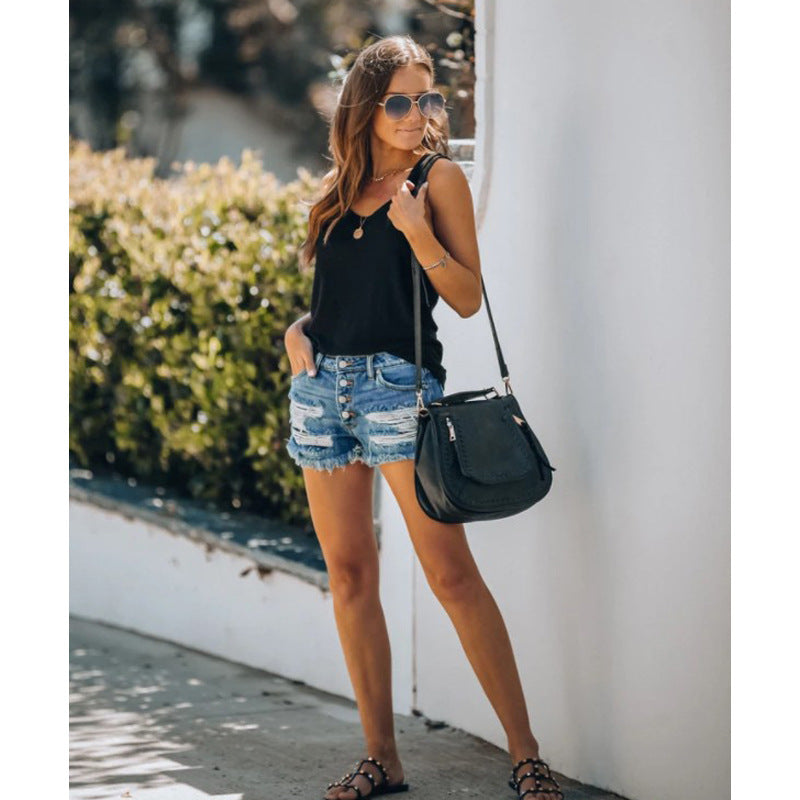 Damen lässige Destroyed Jeansshorts mit Knopfleiste und fransigem Saum Drune