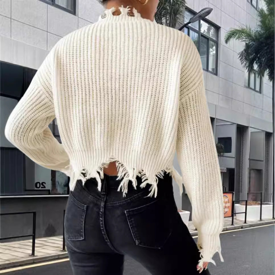 Damen Oversized Strickpullover mit fransigem Saum und raffiniertem Ausschnitt Drune