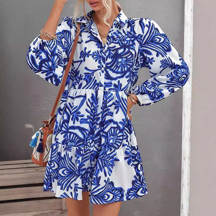 Damen lässiges Hemdkleid mit voluminösen Ärmeln und durchgehendem Knopfverschluss Drune