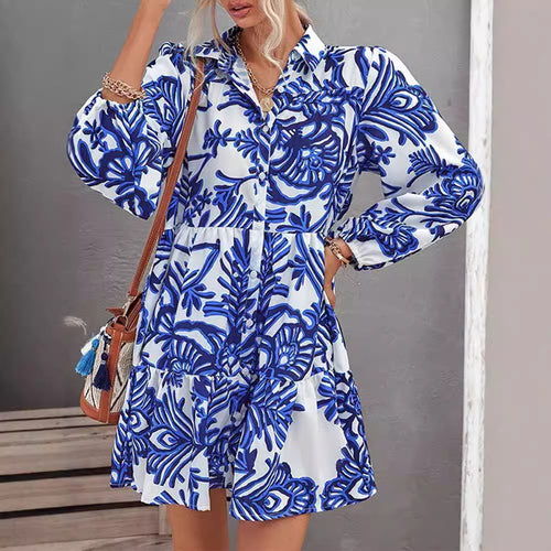 Damen lässiges Hemdkleid mit voluminösen Ärmeln und durchgehendem Knopfverschluss Drune