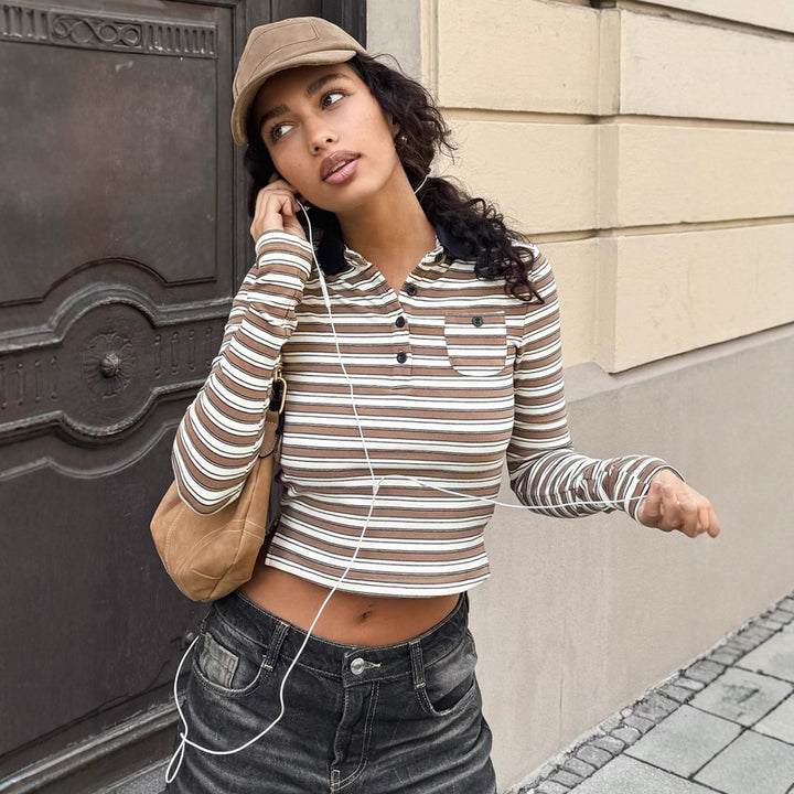 Damen nan gestreiftes Polo-Crop-Longsleeve mit kontrastkragen und Brusttasche Drune