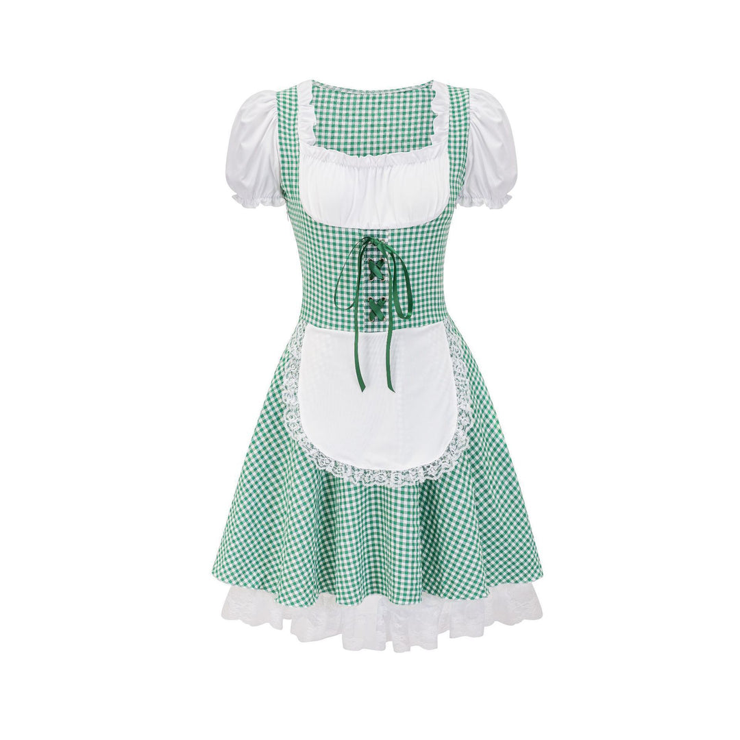 Damen nan kurztailliertes Trachtenkleid mit Karo-Corsage, geraffter Brust und Spitzen-Schürze Drune