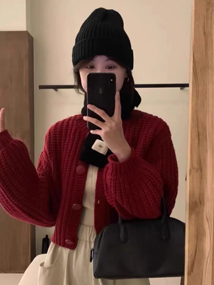 Damen Grobstrickcardigan mit voluminösen Ärmeln und großen Knöpfen Drune